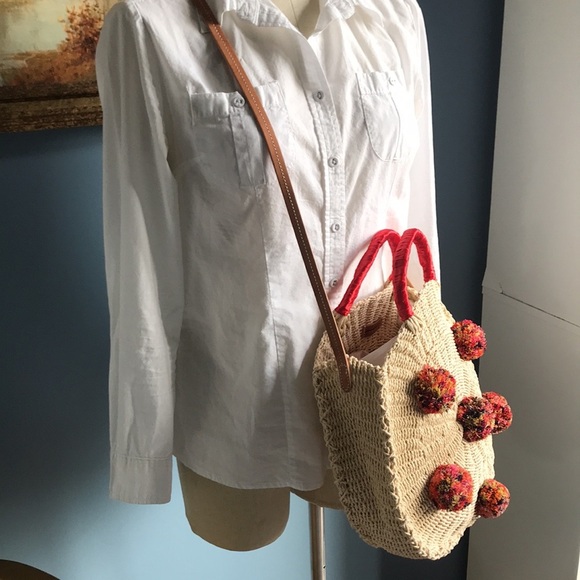 NWOT J. Crew colorful round straw pom pom crossbody circle tote hobo boho bag - Picture 15 of 16